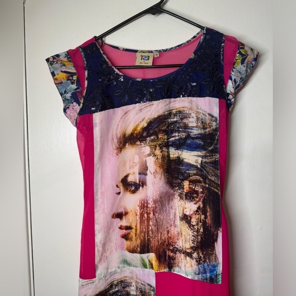 R23 by Jini Mini Pink Blue Floral Semi Sheer Model Photo Maxi Sequin Dress M - Picture 2 of 11